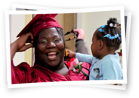 happy mother wearing graduation cap